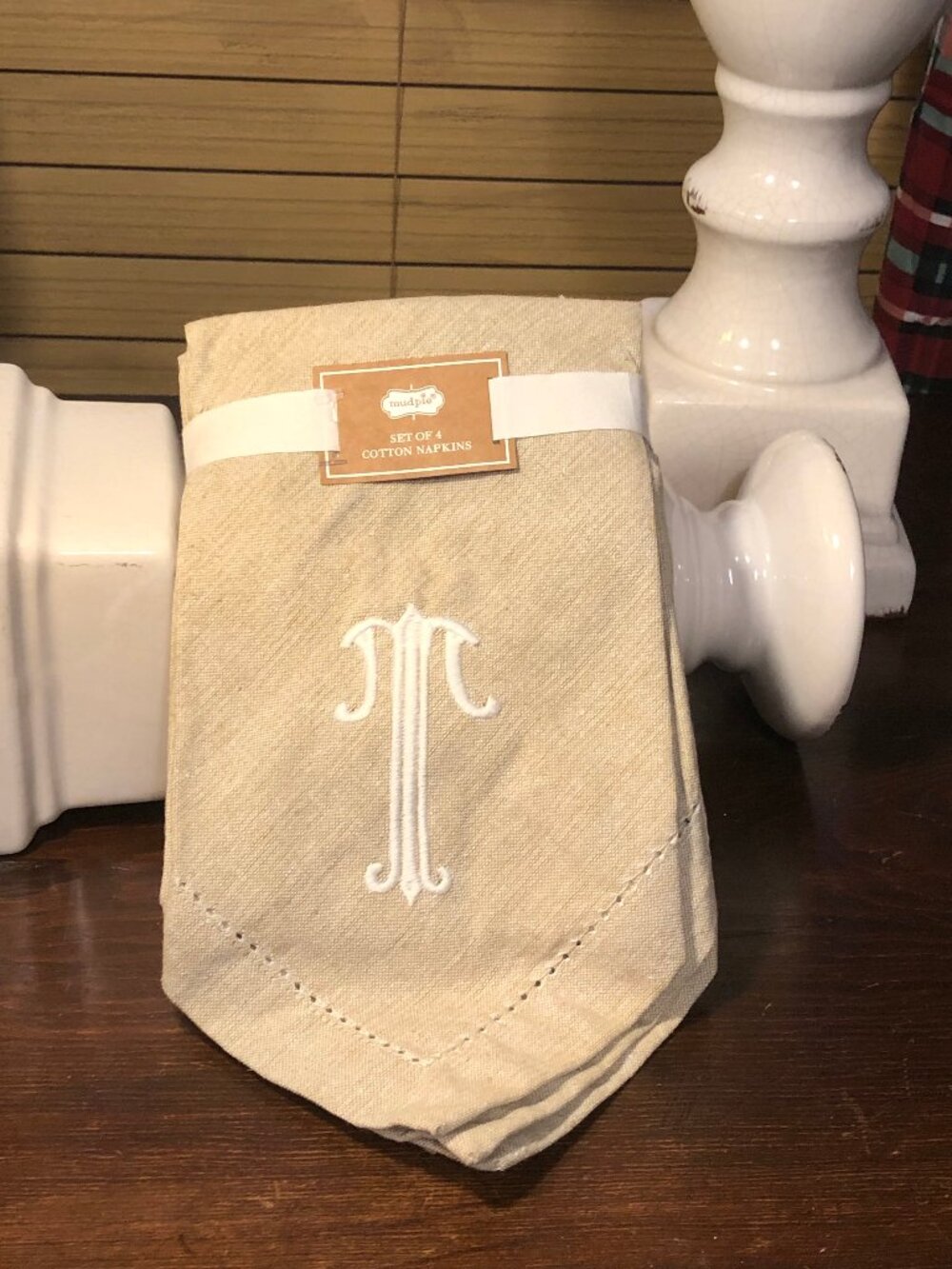 Set of 4 Mudpie Oatmeal Cotton Napkin Initial "T" or "M"
